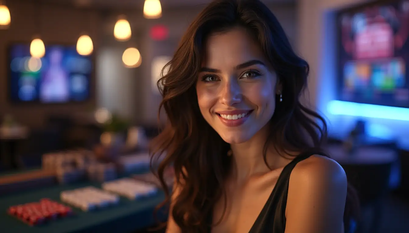 Smiling brunette woman in Sydney apartment with Methspin-style casino lobby ambience in background